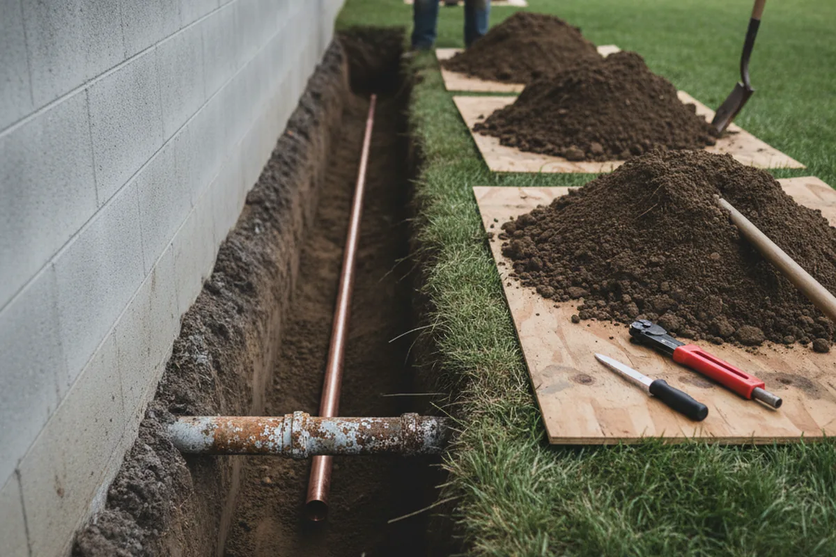 Excavated water line trench during Sewer Line Repair in Saint Martinville